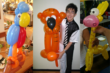 Balloon sculptures of parrot, tiger and giraffe