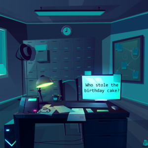 inside the detective room, you are tasked to solve the mystery of who stole the birthday cake