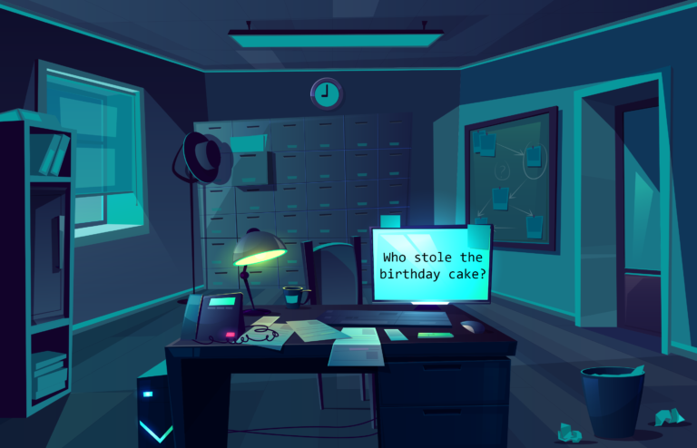 inside the detective room, you are tasked to solve the mystery of who stole the birthday cake