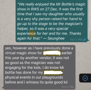 testimonial of mr bottle's virtual magic show